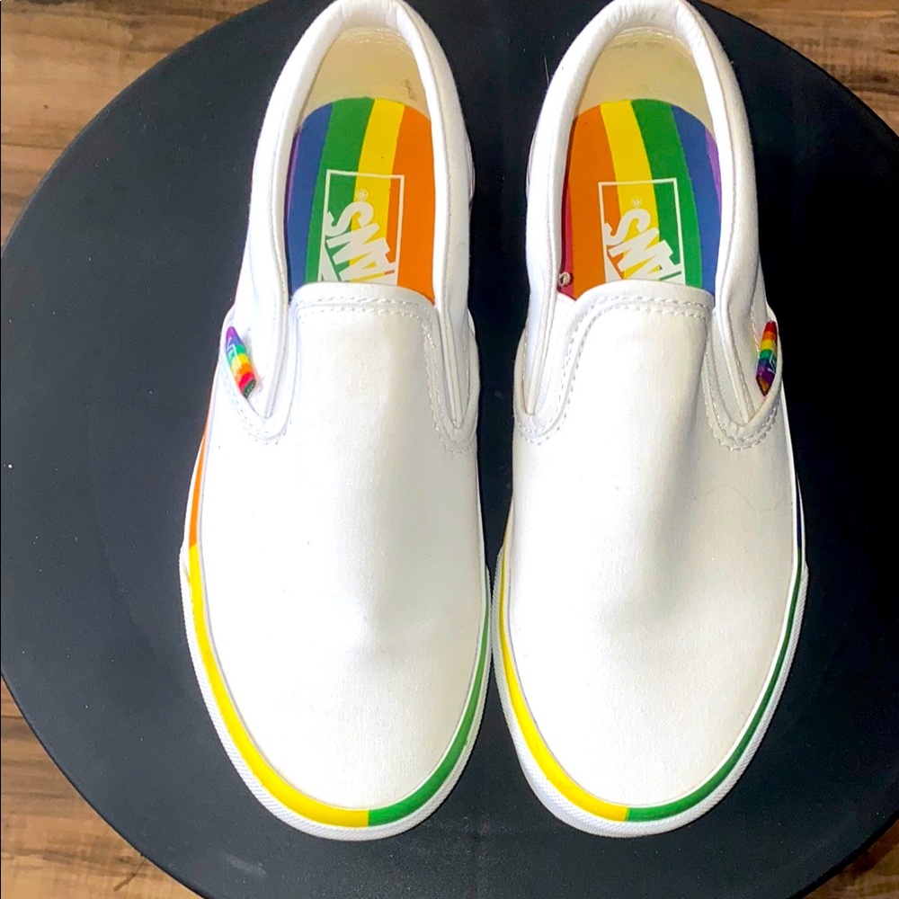 Vans Kids White Slip-On Shoes with Rainbow Accents